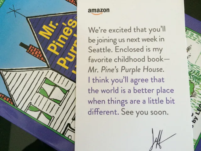 pruple-house-invitation Amazon sent out invites with a copy of 'Mr. Pine's purple house'