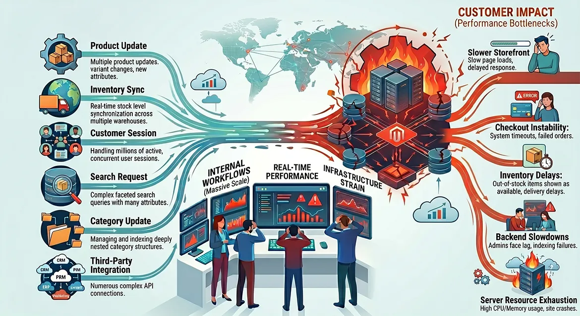 Magento performance diagram showing backend bottlenecks affecting speed, checkout, inventory, and infrastructure.
