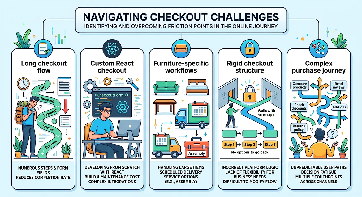 Magento checkout optimization diagram showing long checkout flow, custom checkout issues, and user friction.