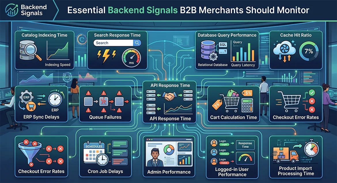 B2B Magento backend signals dashboard showing ecommerce performance metrics